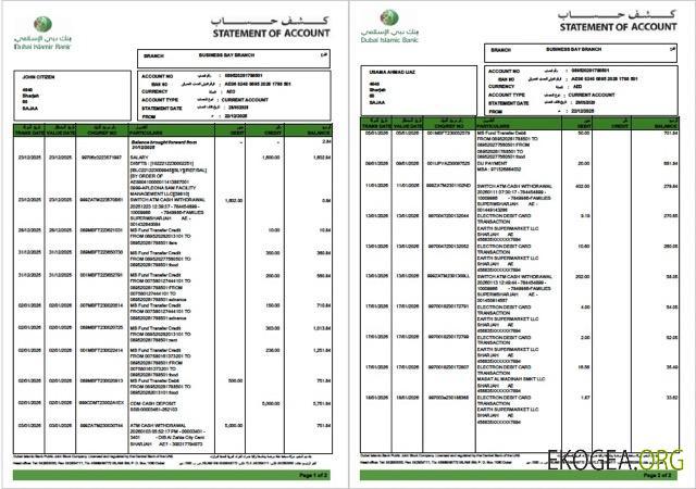 Modèle Word et PDF de relevé de compte de la Banque islamique des Émirats arabes unis de Dubaï, 2 pages